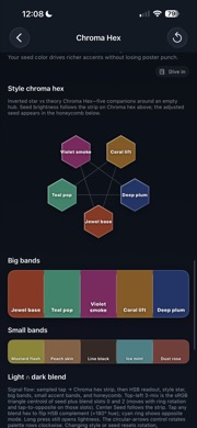 Chroma Hex style palette with pentagon color relationships and band swatches