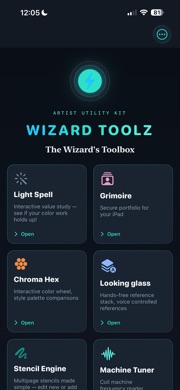 Wizard ToolZ home screen showing the Artist Utility Kit tool grid with Light Spell, Grimoire, Chroma Hex, and more